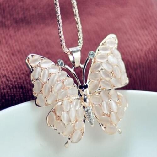FYJS Unique Light Yellow Gold Color Butterfly Shape Cat Eye Stone Pendant Link Chain Necklace Modern Accessories