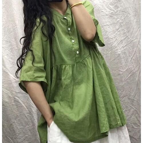 Women Summer Ramie Blouse Tops Ladies Vintage Solid Color Ramie Shirt Female 2020 Thin Ramie Shirts Blouse