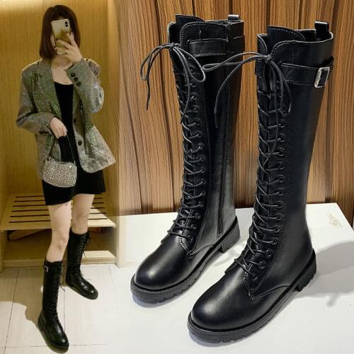 Women Thick Platform Knee-high Boots Autumn Black Lace-up Medium Creepers Shoes Fashion Punk Riding Boots Zipper Big Size 35-43