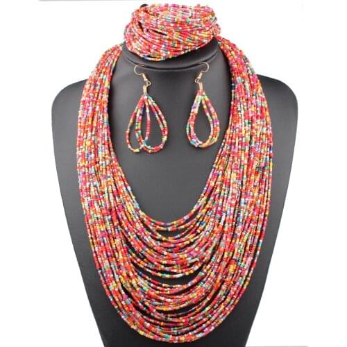 Claire Jin Small Beads Handmade Ethnic Jewelry Set 3 Pieces Multi Layer Necklace Bracelet Earrings Bohemian Women Accessories