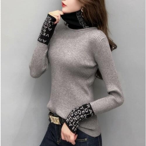 2021 Spring Letter Print Casual Warm Sweater Women Autumn Long Sleeve Turtleneck Knit Pullover Lady Slim All Match Undershirts