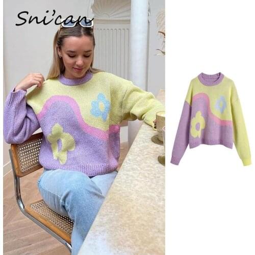 Floral Knitted Sweater Fashion Casual Oversize Pullover Femme Autumn Winter Fashion Chic Tops Za 2021 Women Pull Femme Hiver New