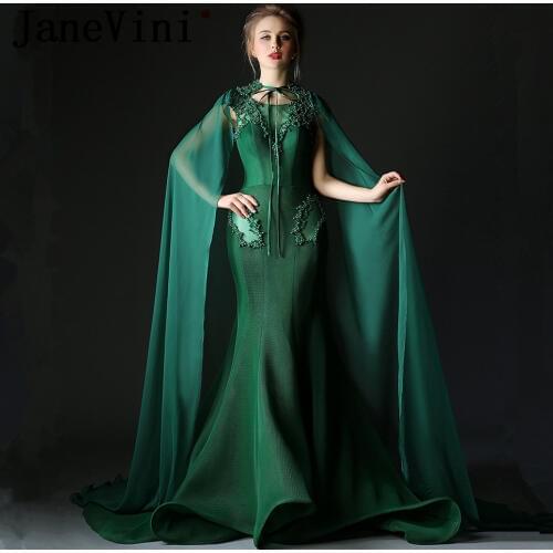 JaneVini Saudi Arabia Womens Evening Gown Dresses with Long Cape Jacket Dark Green Pearl Tulle Arabic Party Mermaid Formal Dress