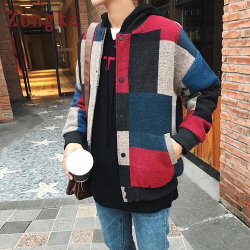 Zongke Woolen Plaid Bomber Jacket Men Fashions Hip Hop Streetwear Winter Jacket Men Coat Men Jacket Coat 5XL 2021 Sping New