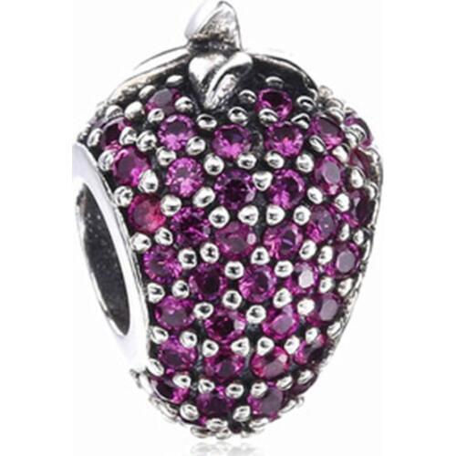 100% Real 925 Sterling Silver Strawberry Shaped Pink Crystal Beads Women Cute Fruit Charm fit Original Pandora Bracelet