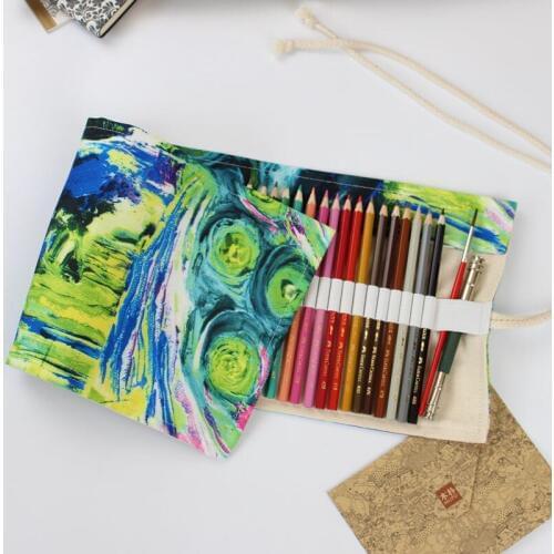 36/48/72 Holes Pencil Case Canvas Art Drawing Pen Bags Wrap Roll Up Holder Printing Storage Pouch School Offices Suppiles Gift