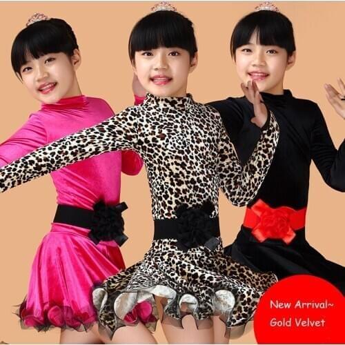Long Sleeve Gold Velvet Girl Kids Saia Social Dance Clothes Salsa Tango Cha Cha Rumba Costume Children Leotard Latin Dance Dress