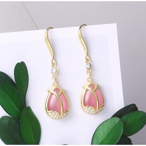 Elegant Gold Plated Water Drop Earrings Pink Gems Crystal Tulips Flower Dangle Earrings Cocktail Party Womens Jewelry Xmas Gift