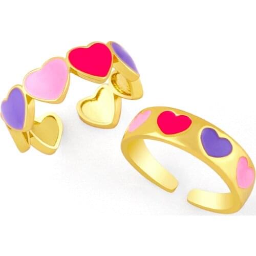 FLOLA Gold Plated Small Cute Love Heart Rings For Women Red Pink Blue Open Flower Enamel Ring Girls Jewelry rigk98