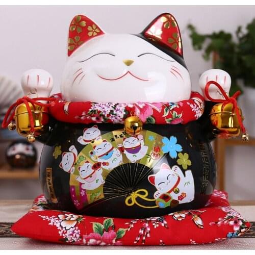 10 inch Black Ceramic Maneki Neko Ornament Lucky Cat Money Box Fortune Cat Figurine Chinese Statue Piggy Bank with Bells