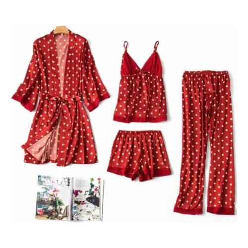 4 Piece Sexy Pajamas Set Women Faux Silk Dressing Gown Lace Sling Shorts Summer Robe Sleepwear Homewear Set