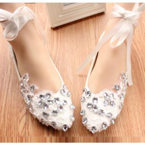 Lace ribbons flats wedding shoes for women 2018 new design. white lace silver rhinestones ankle satin belt fashion dance shoes