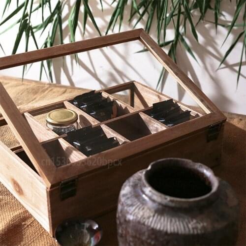 Multifunction Tea Box with Glass Lid Classical Desktop Storage Box Removable Inner Partition Wood Jewelry Display Box