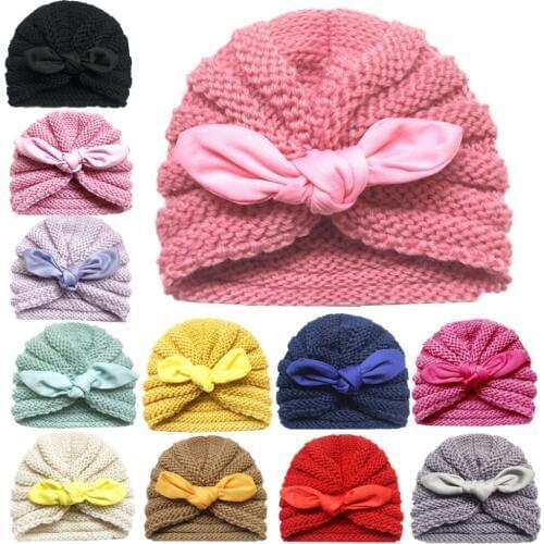 Newborn Baby Girl Boy Autumn Winter Knitted Hat Bow Solid Crib Beanie Cap Toddler Head Wrap Baby Turban Cap Hot