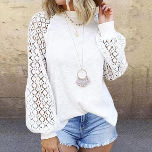 Women Elegant Hollow Out Lace Blouse Shirts Autumn Lantern Long Sleeve Knit Tops Pullover Vintage O Neck Solid Streetwear Blusas