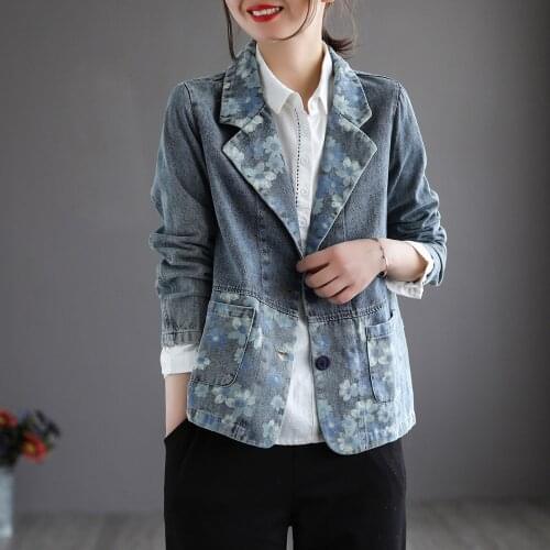 QPFJQD Ladies Print Floral Denim Jacket Tailored Collar Spring Autumn Women Retro Button Pocket Casual Coats Long Sleeve