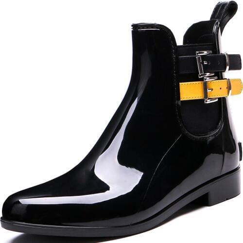 TONGPU Womens Waterproof Outdoor Rain Boots Low Heel Ankle High Side Elastic Decorative Belt and Buckle ECO-PVC 209-561
