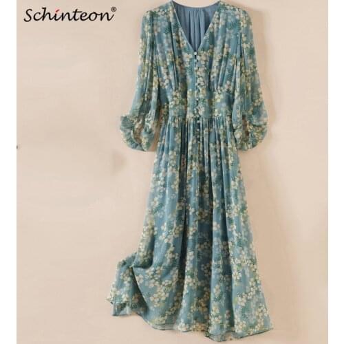Schinteon New Women Summer Dress 100% Real Silk V-Neck Collar Three-Quarter Sleeves Elegant Print Elastic Waist Long Dress