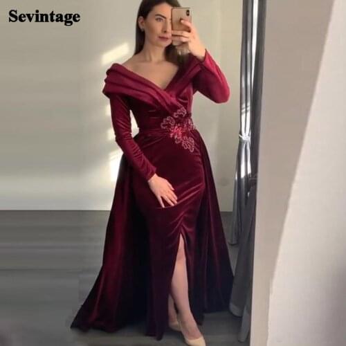 Sevintage Pleats V-Neck Velvet Evening Dresses 2 Pieces Mermaid Slit Prom Dress 2021 Long Sleeves Lace Formal Women Party Gowns