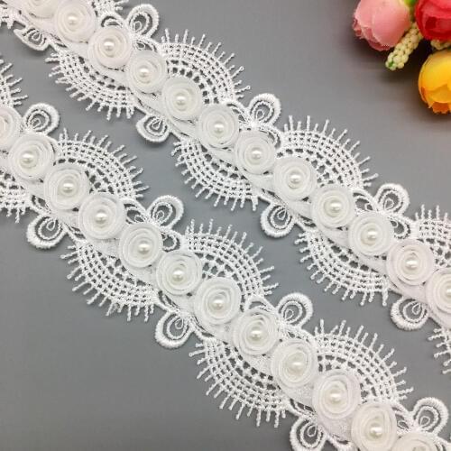 2 Yd Eyelash Rose Flower Pearl Organza Embroidered Fabric Lace Trim Ribbon Handmade DIY Sewing Craft For Costume Hat Decoration