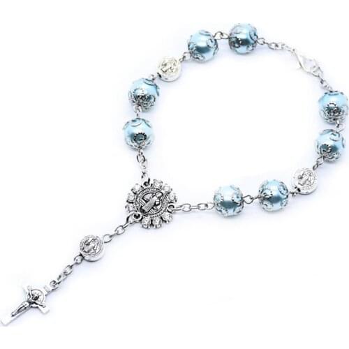 QIGO Catholic Saint Benedict Cross Blue Imitation Pearl Rosary Bracelet With Cup Church Religious Jewelry For Car