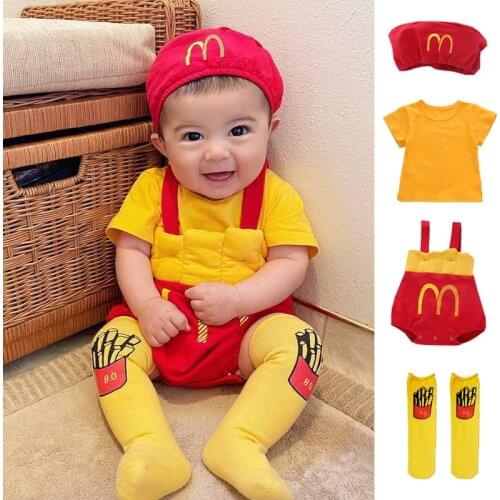 Baby Rompers Set Newborn Toddler Jumpsui Infant Cotton Cartoon Triangle Romper+Hat+T-shirts+socks Boys Girls Cute Costume Funny