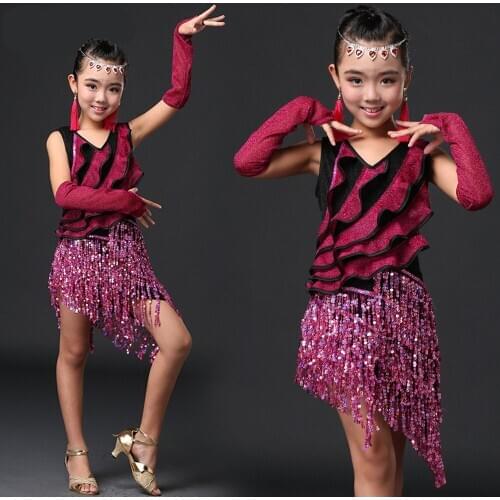 Fring Latin Dance Dress Girls Ballroom Dance Competition Dresses Shinning Tassel Dance Skirt Luxury Cothes for Kids Skirt Gloves
