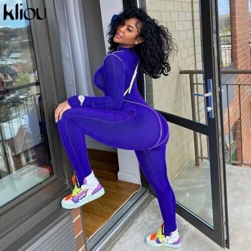 Kliou autumn fashion women full long sleeve zipper jumpsuits striped stretchy activewear fitness sporty workout skinny outfits