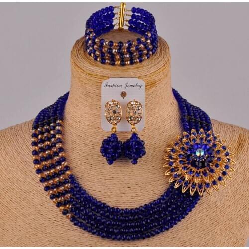 Royal blue and champagne gold ab african beads jewelry set nigerian wedding necklace costume jewelry set CS01