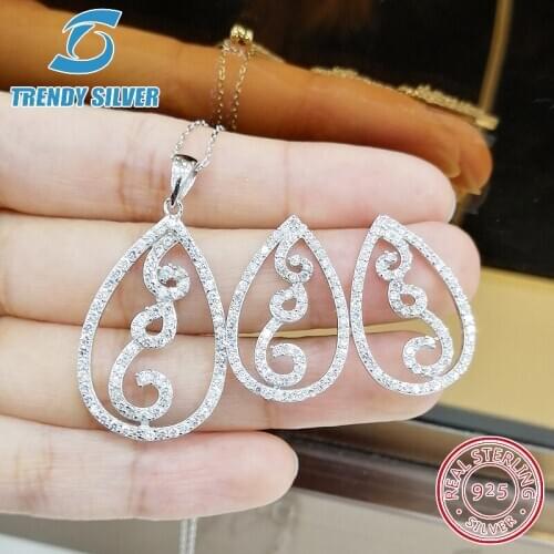 Complete pure 925 sterling silver zirconia clear CZ luxury jewelry set ring earrings for woman pendant necklace trendy design