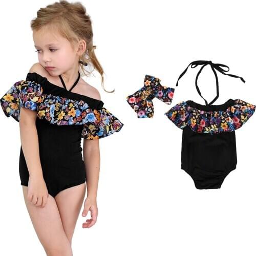 2021 Summer Swimsuit Baby Kids Girls Off Shoulder Ruffles Floral Beach Swimwear+hairband Sets Kids Swimwear For Girls Bambina