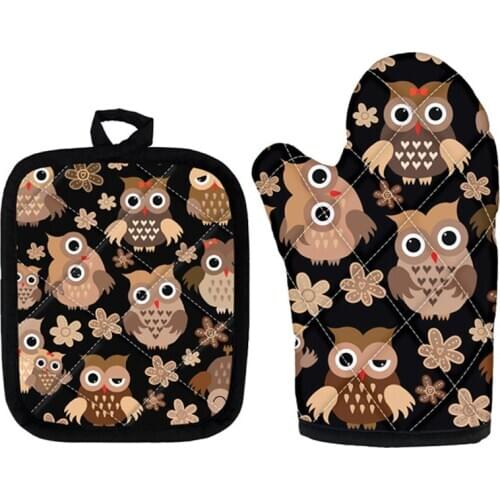 Oven Gloves Heat Resistant Cute Owl Print 2ps Flexible Cooking Oven Mitts And Pot Holders Sets For Microwave Baking Potholders