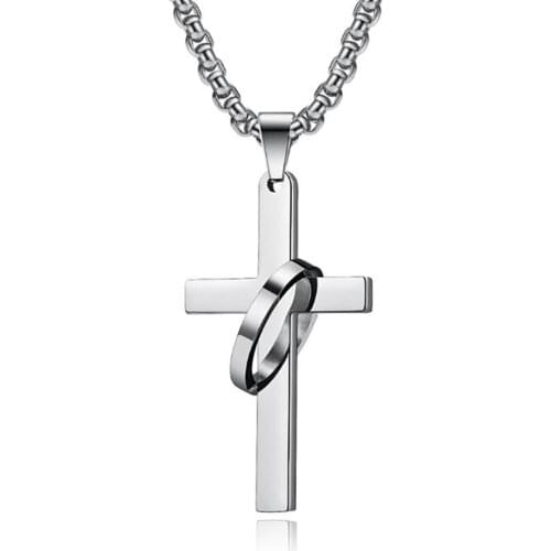 Stainless Steel Minimalism Circle Cross Christ Simple Pendant Necklace Jewelry Gift For Him with Chain