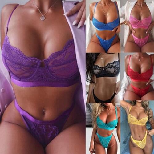 Fashion Women Sexy Lingerie Lace Flowers Embroidery Push Up Bra Brassiere Transparent G-string Underwear Brief Set Intimates