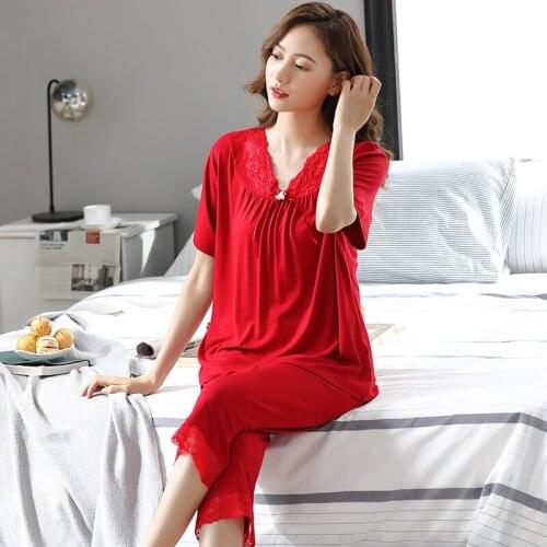 2021 New Summer Home Clothe For Women Modal Pajamas Sets Print Pijama Sleepwear 2 Pieces Pyjamas Plus Size Solid Color Female