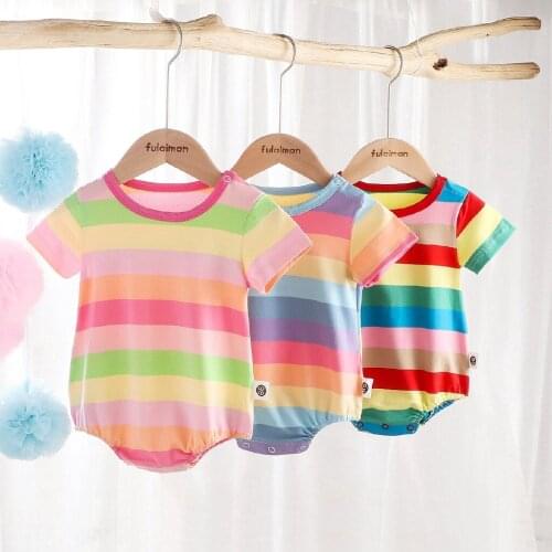 2021 Summer New Baby Rompers Rainbow Stripe Princess Baby Girl Clothes Short Sleeve Bodysuit New Born Clothing Infant Overalls
