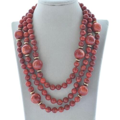 Z10163 3Row 20" 18mm Red Round Grass Coral Necklace