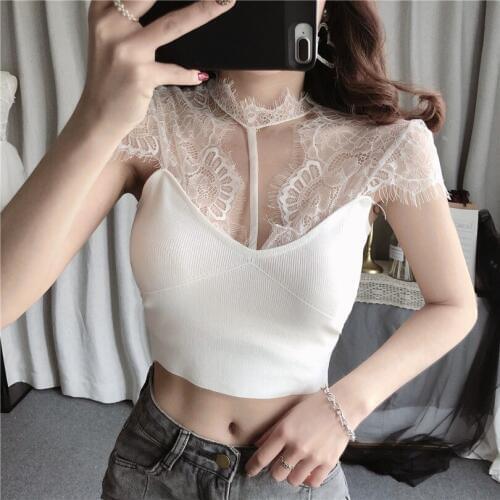 Transparent Lace Short Sleeve Tee Shirt Sexy Halter T-shirt Crop Tops Women Fashion T-shirt 2019 Summer Tops Camiseta
