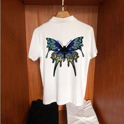 Handsome Summer Breathable Leisure Youth Brand Mens Loose Polo Shirt Hot Diamond Butterfly Pattern Fashion Short Sleeves