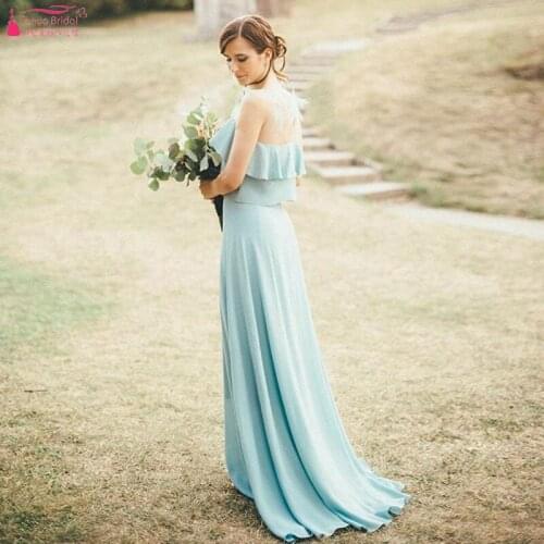 Sky Blue Chiffon bridesmaid Dresses Sheer Neck Boho Beach wedding party Gowns Simple Cheap Elegant women Formal dress ZB102