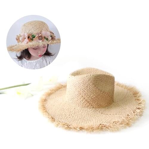 Women Lace Up Large Brim Straw Hat Summer Simple Solid Color Handmade Weave Raffia Sun Hats For Outdoor Beach Summer Caps