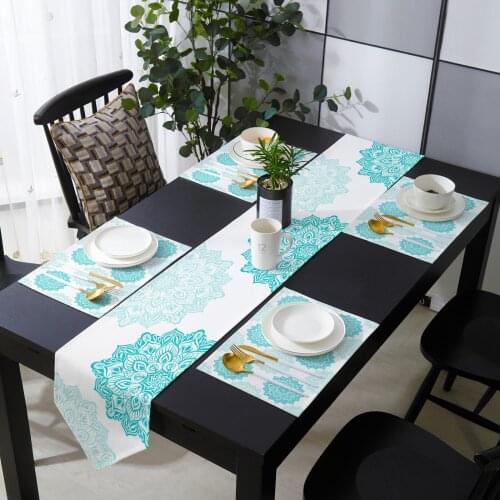 Mandala Pattern Aqua Texture Table Runner Placemat Set Tablecloth Dining Table Mat Home Wedding Table Decoration