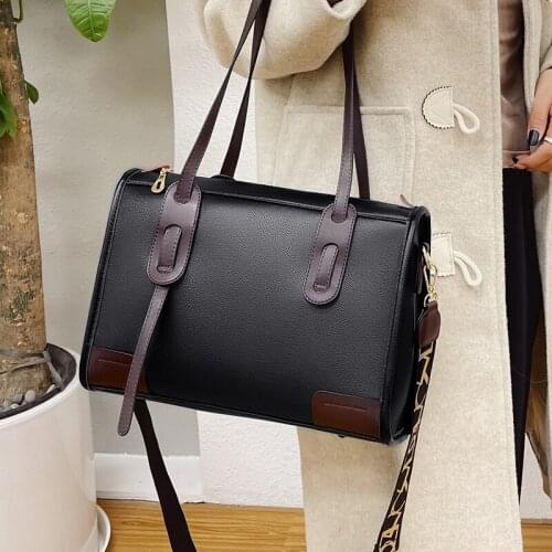 Wide Strap Big Crossbody Bags for Women Vintage PU Leather Solid Color Boston Handbags Female Casual Designer Shoulder Bag Sac
