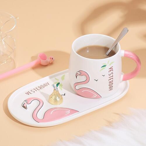 Embossed Flamingo Ceramic Coffee Cup Set with Afternoon Tea Snack Plate (1 cup + 1 plate +1 spoon)