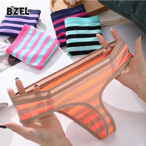 BZEL Sexy Womens Pure Cotton Panties Underwear Seamless Sport Thongs Low Waist Striped Female Comfort Breathable G-String Tanga