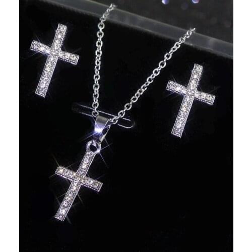 Vintage Female White Crystal Jewelry Set Charm Silver Color Stud Earring For Women Dainty Cross Zircon Wedding Chain Necklace