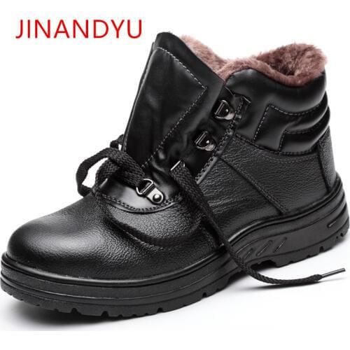 Genuine Leather Safety Shoes Steel Toe Work Boots Men Winter Warm Safety Boots for Men waterproof Anti-Skidding Military Shoes