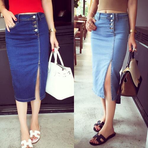 Women Lady Solid Color Elasticity Split Slim Denim Skirt for Summer Beach Party EIG88