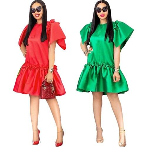 Women Loose Dresses Irregular Ruffles Hem Short Sleeve O Neck Knee Length Solid Female Casual Fashion African Plus Size Vestidos