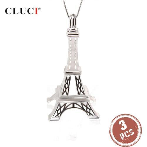 CLUCI 3pcs 925 Sterling Silver Pendant Fine Jewelry Vintage Paris Eiffel Tower Shaped Pearl Locket for Women Jewelry SC294SB